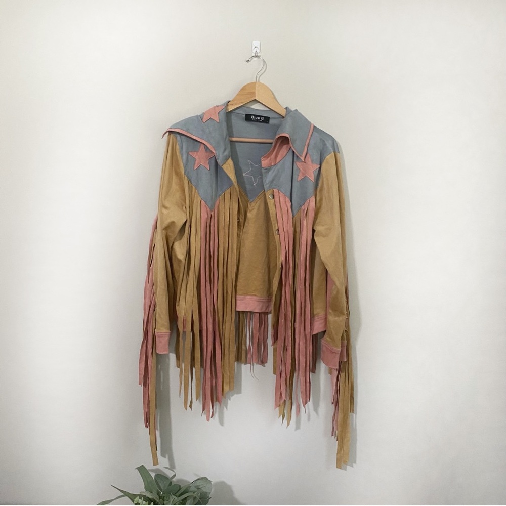 Women's Large Blue, Pink, Tan Suede Fringe Jacket